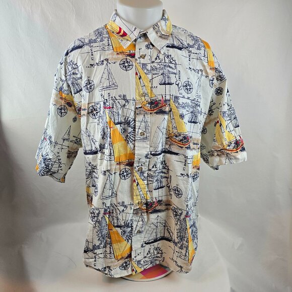 Puritan Shirt Mens 3XL Beige Button Up Nautical Sailboat Casual Map Compass 1355 - Picture 1 of 8